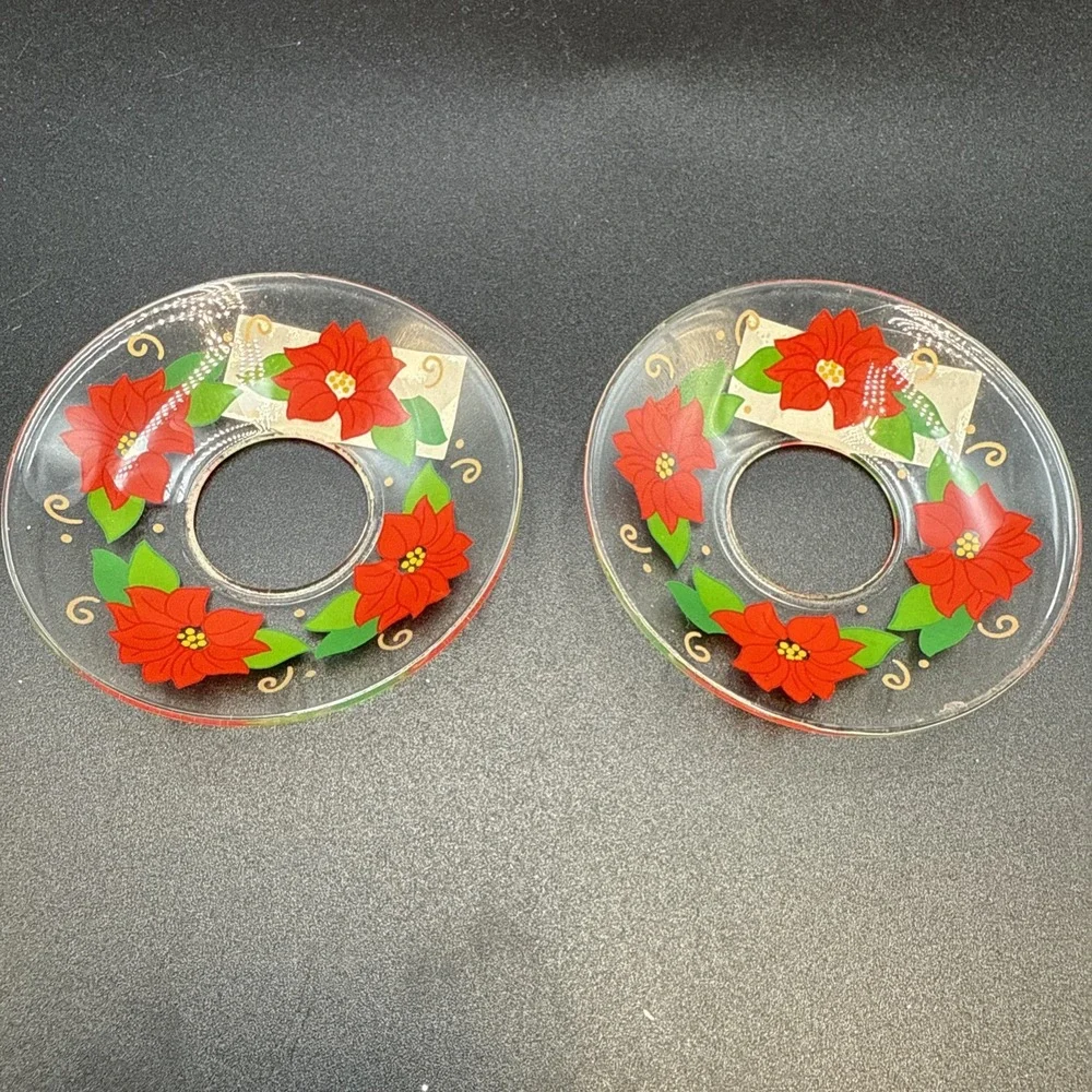 Christmas Poinsettia Candle Ring Bobeches Set Of‎ 2